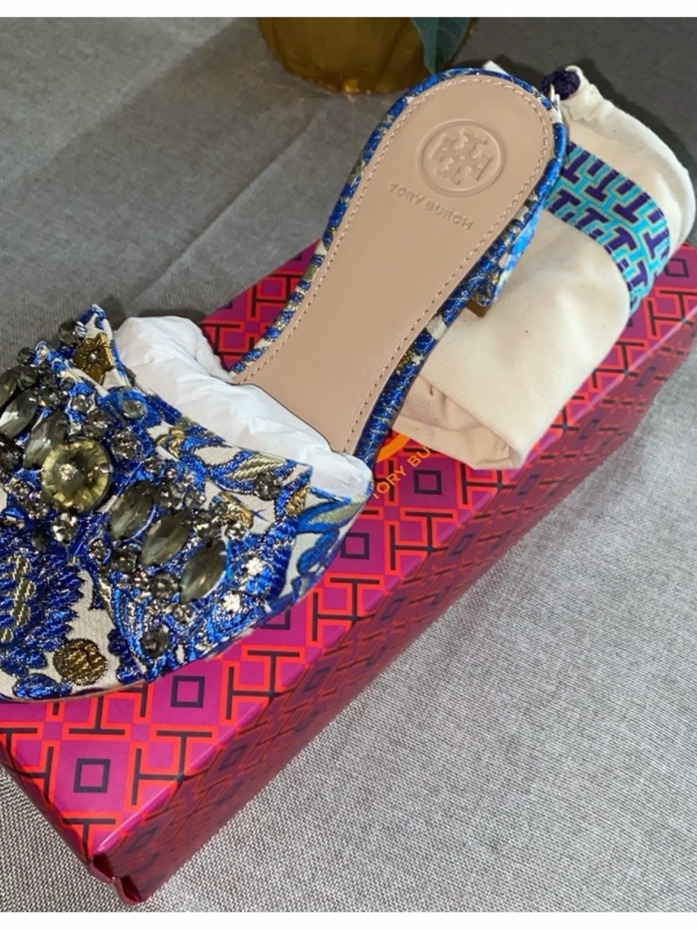 Tory Burch Blue & Gold Embellished Open-Toe Mule